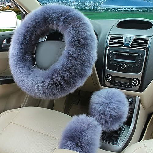 3PCS Wool Steering Wheel Cover with Fuzzy Handbrake Cover & Gear Shift Cover, Universal 15 Inch Steering Wheel Fluffy Soft Protector, Comforting Warm Car Decoration for Women Men (Gray) - style: Gray