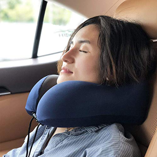 MLVOC Neck Pillow for Traveling, Upgraded 100% Pure Memory Foam Travel Neck Pillow for Airplane Flight Sleep, Breathable & Machine Washable Cover, Travel Kit with 3D Eye Mask, Earplugs & Bag, Blue - color: Blue