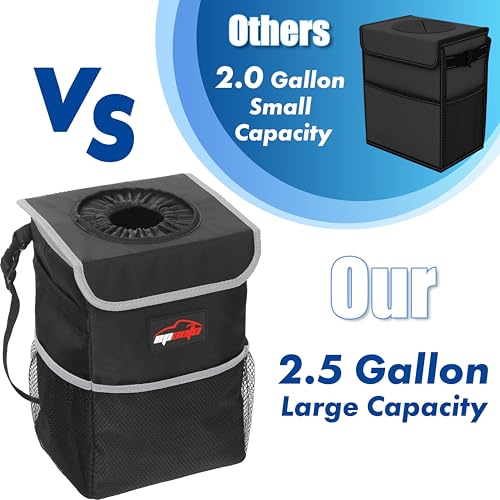 EPAuto Waterproof Car Trash Can with Lid and Storage Pockets, 2.5 Gallon, Black