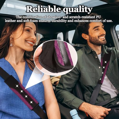 Hovom 2PCS Bling Car Seat Belt Cover Pad, Leather Seatbelt Covers for Cars, Soft Safety Seatbelt Shoulder Strap Covers, Rhinestone Auto Seat Belt Protector Cushion for Women Girls (Purple) - color: Purple