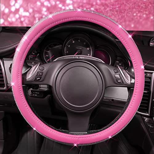 CAR PASS Diamond Pink Leather Steering Wheel Cover, with Bling Crystal Rhinestones Universal Fit 14" 1/2-15" Crystal Glitter for Women Sparkle Girl Fit Suvs,Vans,Sedans,Cars,Trucks, Pink Diamond - color: Pink Leather Diamond