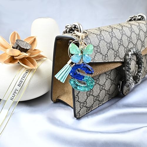 JINGUAZI Initial letter Keychains for Women Tassel Butterfly Pink Purple Cute Car Keychain for Wallet Backpack bag charm - color: D-blue Green