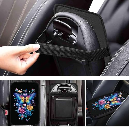 Colorful Butterfly Rose Print Car Center Console Cover Pad, Universal Armrest Seat Box Cover,Auto Armrest Cover Protector - color: Colorful Butterfly Rose