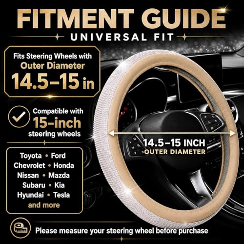 Bling Rhinestone Car Steering Wheel Cover for Women,PU Leather Crystal Diamonds Crown Steering Wheel Covers Non-Slip Universal 15"/38 cm (Beige) - color: beige