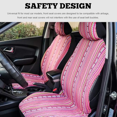 4PCS Baja Saddle Blanket Car Seat Covers, Front Set Breathable Washable Seat Covers with Seatbelt Pad, Striped Woven Cloth Airbag Compatible Seats Protector for Most Vehicles (Pink) - color: Pink, 4PCS
