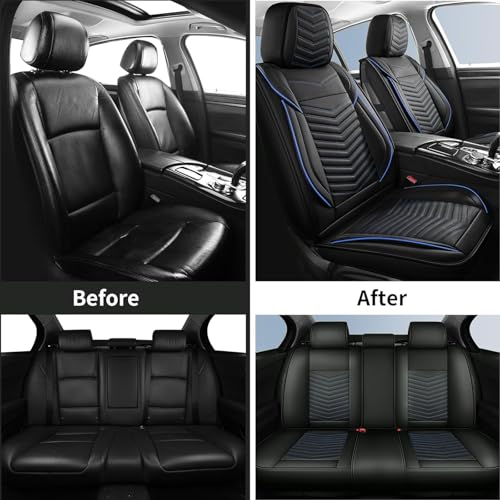 HChengkikz Car Seat Covers, Breathable and Waterproof Faux Leather Automotive Seat Covers, Universal Anti-Slip Driver Seat Cover for Cars SUV Pick-up Truck Sedan (5 PCS Full Set, Black + Blue) - color: Style1 Black+Blue, size: Full Seat