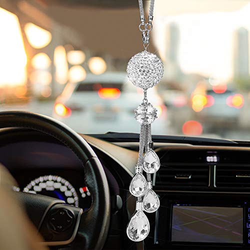 OTOSTAR Bling Crystal Ball and Drops Car Hanging Accessories, Rear View Mirror Pendant Charms Interior Sun Catcher Ornament, Bling Accessories for Women Girls (White)