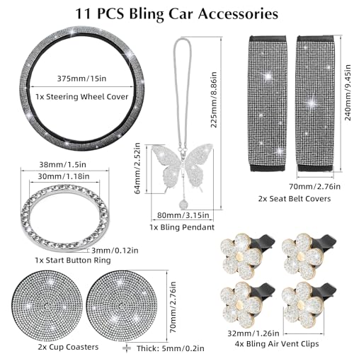 ARTILAURA 11 PCS Bling Car Accessories Set for Women Steering Wheel Covers Butterfly Hanging Seat Belt Cover Cute Air Vent Clips Coasters Glitter Diamond AUTO Interior kit (White) - color: White