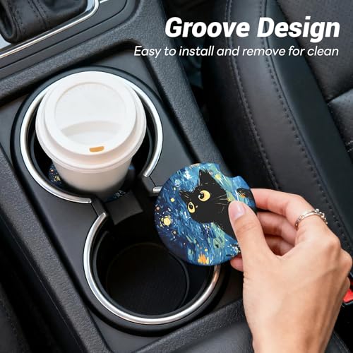Car Cup Holder Ceramic Coasters 2 Pack, 2.56 in Anti Slip Absorbent Coaster with Cork Base and Finger Notch, Funny Cute Car Accessories Interior for Women, Black Cat