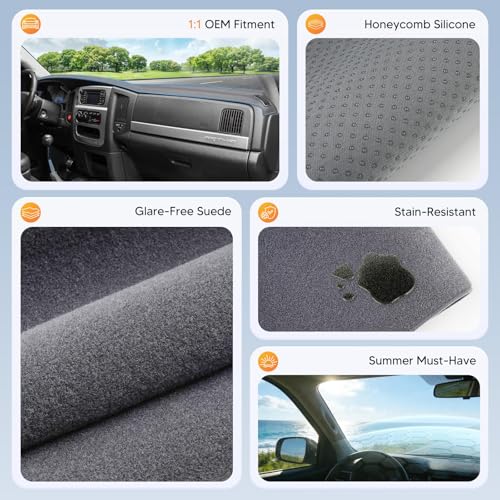 CARTIST Gray Dash Cover for 2002-2005 Dodge Ram 1500/2003-2005 Dodge Ram 2500 3500 Dashboard Cover Accessories Premium Anti-Glare Sun Shade Dodge Ram Dash Mat Non-Slip&Airbag Safe Interior Protector