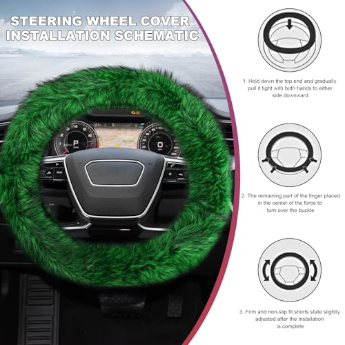 Fluffy Steering Wheel Cover, 15 Inch Anti-Slip Microfiber Plush Fuzzy Steering Wheel Cover, Winter Warm Elastic Fuzzy Steering Wheel Covers for Women and Men, Car Accessories (Green) - color: Green