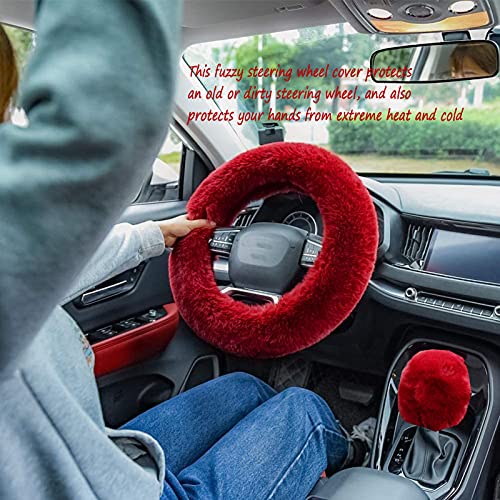 WenMei 4PCS Set Fluffy Steering Wheel Covers with Handbrake Cover&Gear Shift Cover&Plush Keychain Furry Steering Wheel Cover for Women Girl Fashion Warm Car Wheel Protector Fit Most Car (Wine Red) - color: Wine Red