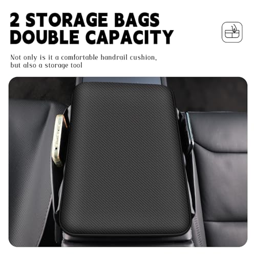 Car Armrest Cover for Car, Nappa Leather Center Console Armrest Pad with Side Storage Pockets, Breathable Non-Slip Auto Arm Rest Cushion, Universal Fit for Most Cars Tesla Model Y