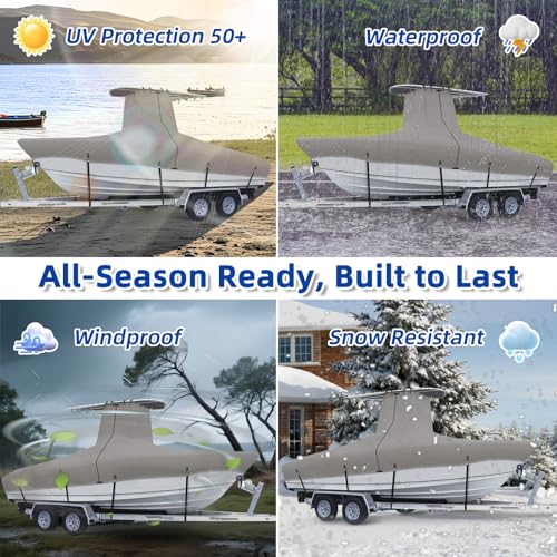 Marine Grade Waterproof Center Console Boat Cover with T Top Roof, Tear Resistant Trailerable Storage Covers, All-Weather Protection T-Top Boat Cover 20-22 ft, Beam Width Up to 106", Gray - color: Gray, size: 20'-22'Long (Beam width up to 106'')