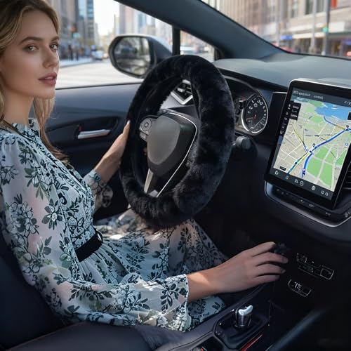 Furry Car Steering Wheel Cover, Heat Absorbing Fluffy Cover, Soft Warm Plush Non-Slip, 14 1/2-15 inch, for Women Girls, Black - color: single cover - black