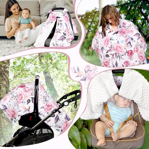 Baby Car Seat Cover, Breathable Infant Carseat Cover for Summer Peekaboo Opening Car Seat Canopy Cover, Nursing Cover for Baby Boys Girls (Pink Floral) - color: Pink