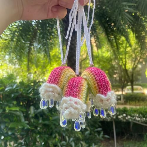 Cute Rainbow Car Mirror Hanger - Crochet Hand Knitted Rear View Mirror Accessory - color: Rainbow