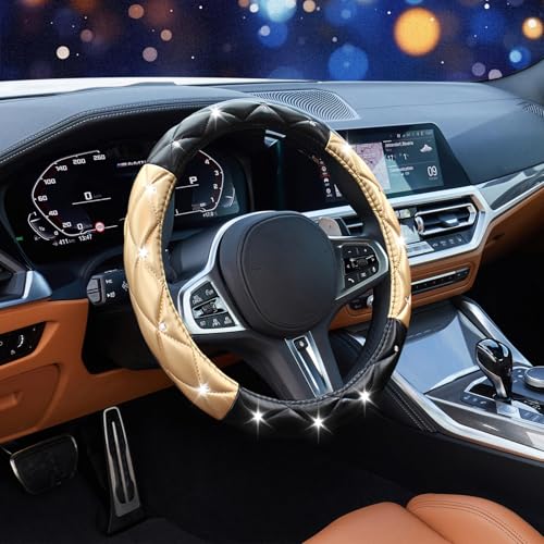 Black and Gold Steering Wheel Cover, Auto Cute Diamond Bling Soft Comfort Leather Car Interior Accessories Protector Sparkly Fit Most O-Shaped Steering Wheels