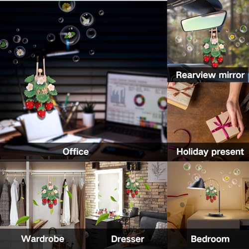 ROFIGL Handmade Crochet Hanging Car Air Freshener - Cute Strawberry Plant Design, 12ml Refillable Thick Glass Bottle, Car Diffuser for Rearview Mirror, Home & Office Decor - style: Strawberry