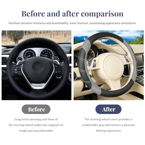HZEL 4PCS Car Accessories Set, 14.5-15" Non-Slip Soft Microfiber Leather Steering Wheel Cover, Comfortable Seat Belt Cushion, Center Console Armrest Cover, Universal Fit (Black/Gray) - color: Black/Gray
