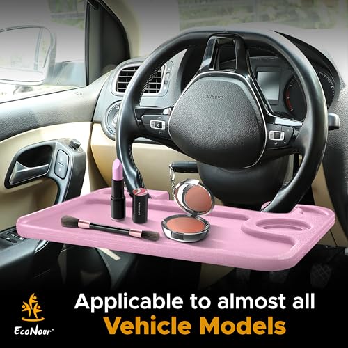 EcoNour 2 in 1 Car Steering Wheel Desk | Steering Wheel Tray for Laptop and Food | Pink Table Tray for Eating with Drinks Holder | Car Accessories - size: Medium-Pink