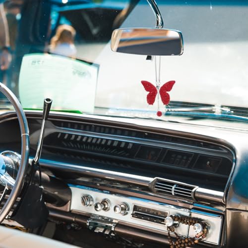 Butterfly Car Hanging Ornament Rhinestone Pendant Rearview Mirror Accessories Red Stainless Steel Car Interior Decoration