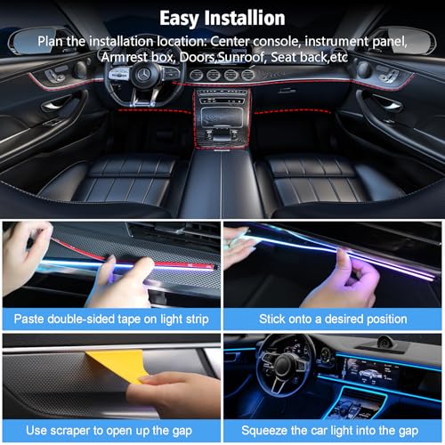 118" Acrylic Interior Car Lights, 0.08in Ultra-Thin Thickness Ambient Lighting Kits with Smart APP, RGB 2 in 1 USB Powered Car LED Strip Light Music Sync Neon Strip for Vehicle (2 * 59in)