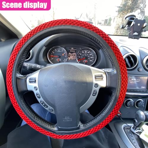 Elastic Stretch Steering Wheel Cover, Anti-Slip 15 inch Microfiber Odorless Breathable Ice Silk Car Steering Wheel Protector, Easy Carry, Warm in Winter & Cool in Summer (Red) - color: Red