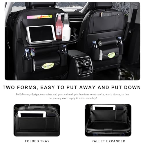 2PCS Car Backseat Organizer, Leather Multi-Pocket Seat Back Protector with Foldable Table Tray, Multifunctional Vehicle Storage Organizer Kick Mat for Kids Toddler Travel (Black)