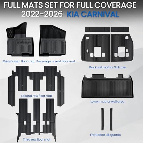 Floor Mats Set for 2022-2025 2026 Kia Carnival 8 Seats(Gas Only), All Weather TPE Backrest Mat Trunk Lower Well Mat Cargo Liner Door Sill Guards Accessories