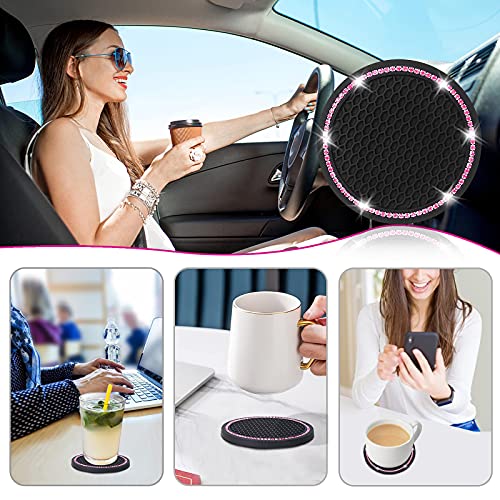 4 Pack Car Coasters, Universal Vehicle Bling Car Coaster, Cute Rhinestone Coaster for Cup Holders,Interior Accessories 2.75'' Silicone Anti Slip Car Coasters for Women (Pink Crystal Circle)