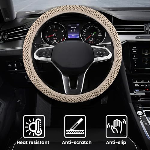 Elastic Stretch Car Steering Wheel Cover, Comfortable Steering Wheel Cover Universal for 14.5-15 Inch, Warm in Winter & Cool in Summer, Anti-Slip Breathable Ice Silk (Beige) - color: Beige