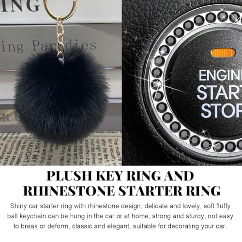 10 PCS Fluffy Steering Wheel Covers Set, 15 Inch Soft Steering Wheel Cover, Handbrake Cover & Gear Shift Cover & Seat Belt Cover & Gear Shift Cover & Diamond Ignition Ring (Black)