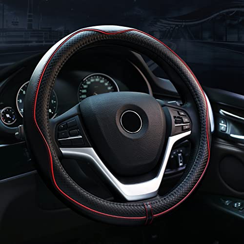 Valleycomfy Steering Wheel Covers Universal 15.75 inch - Genuine Leather, Breathable, Anti Slip & Odor Free (Black with Red Lines, L(15" 1/2-16")) - color: Black with Red Lines, size: L(15"1/2-16")