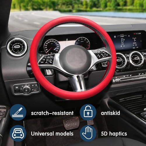 Car Steering Wheel Cover, 13 to 14.17 inches Non-Slip Silicone Steering Wheel Protector, Car Accessories Thin Soft Leather Texture Steering Wheel Protective Cover for Most Cars (Red) - color: Red