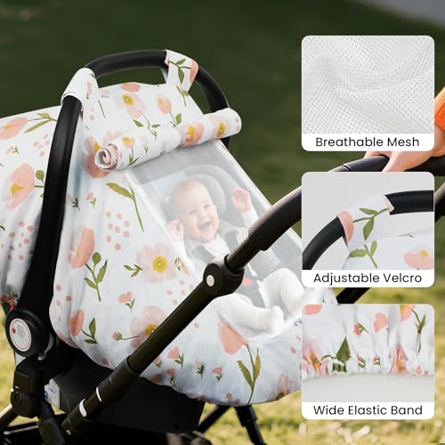 Elstey Car Seat Cover Baby, Minky Dot Carseat Covers Baby Boys Girls, Lightweight Infant Car Seat Cover Canopy with 2 Layers Breathable Mesh Windows, Stroller Carrier for Babies Newborn Essentials - color: Pink Flowers