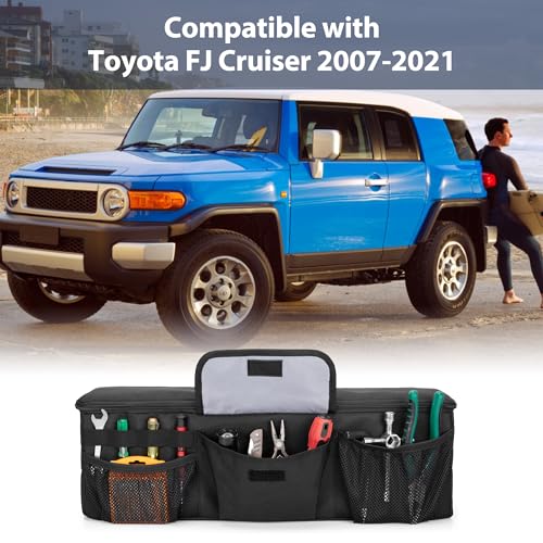 Car Trunk Organizer Compatible with Toyota FJ Cruiser 2007-2021, Rear Storage Bag with 3 Pieces of 1.5” Wide Hook&Loop Tapes, 2 Adjustable Hanging Loops, Multiple Pockets, Black