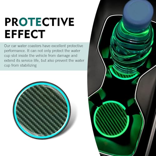 2 PCS Car Cup Coasters, Non-Slip Heat Insulation Cup Holder Liner with Luminous Edge, Anti-Scratch Reusable Insert Coaster, Universal 2.83" Round Protective Mat for Cars (Carbon Fiber Black)