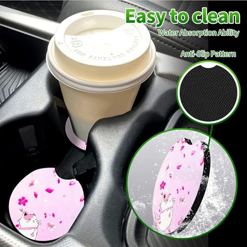 Universal Auto Center Console Pad and 2Pcs Car Coasters Set, Anti Slip Soft Neoprene Car Armrest Seat Box Cover Protector for Most Vehicle - Car Interior Accessories, Pink Flower Cat