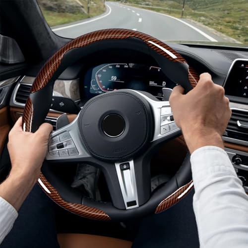 3-Piece Carbon Fiber Steering Wheel Cover, Anti-Slip & Segmented Thin Design for Comfort Grip, Universal Fit 99% Cars SUV Truck,Brown - color: Brown