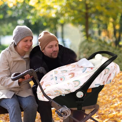 Winter Car Seat Cover Baby Girl Boy, Warm & Windproof Infant Carseat Cover Canopy Protect Baby from Cold Weather, Plush Fleece, Pink Rainbow - color: Pink Rainbow