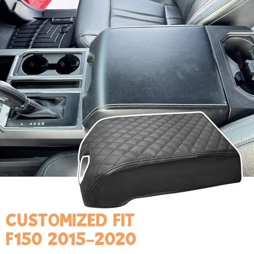 Center Console Cover Compatible with Ford F150 2015-2020, F250 F350 F450 F550 2017-2022, Expedition 2018-2024, Leather Armrest Cover Lid Protector, Anti-Scratch, Black (Bucket Seat Only)