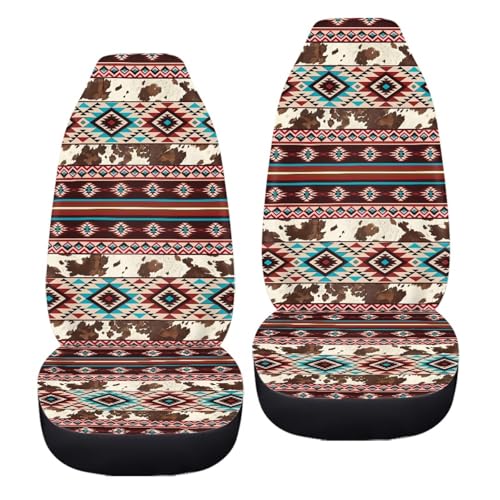 Dreaweet Aztec Car Seat Covers Brown Cow Print Car Accessories Seat Protector Front Seats Only 2 Pcs Southwestern Native Ameircan Tribal Pattern Universal Seat Covers for SUV Trucks Cars - color: Aztec Brown Cow