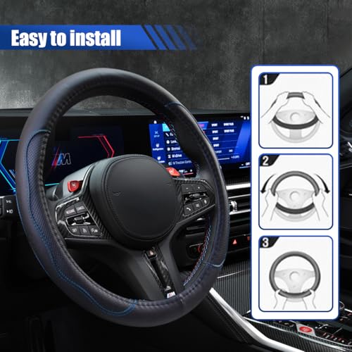 Car Steering Wheel Cover, 15 Inch Leather Anti-Slip Breathable Automotive Steering Wheel Protector, Universal Heat Resistant Vehicle Interior Accessories Cars, SUVs, Trucks(BlackBlue)