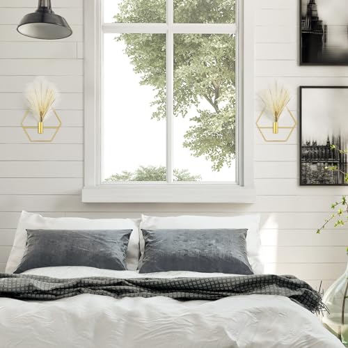 2 Pcs Boho Wall Decor Metal Gold Wall Art Hanging Planters with Artificial Pampas Modern Home Decor Display Art for Living Room Bedroom Bathroom(Hexagon) - style: Hexagon