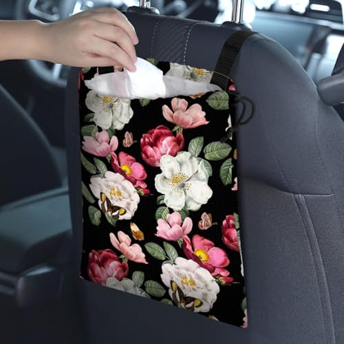 Car Trash Bag Hanging Back of Seat Waterproof Small Cute Printed One-handed Strap Drawstring Garbage Bags for Car-Black Floral - color: Black Floral Car Trash Bag
