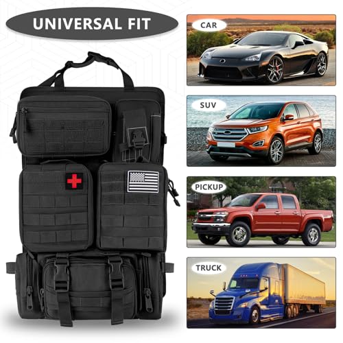 Tactical Car Seat Back Organizer Bag - Tactical Molle Vehicle Organizers Panel with 5 Detachable Pouches for Car Truck Ford Jeep Vehicle (Black Regular)