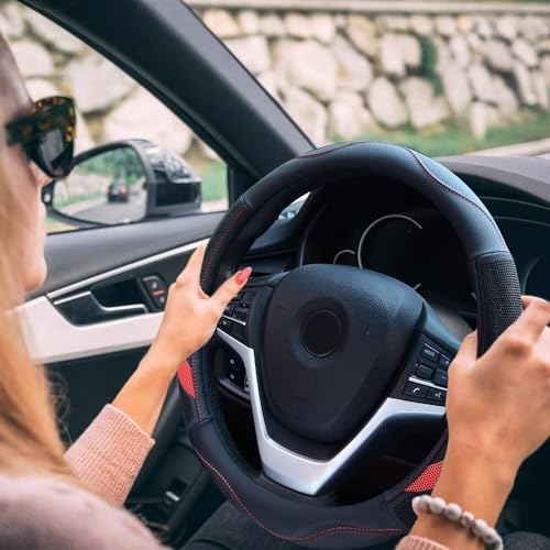 Alusbell Microfiber Leather Steering Wheel Cover Breathable Auto Car Steering Wheel Cover for Women and Men Universal 15 Inches Red - color: Red