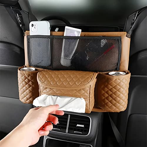 XINLIYA Car Handbag Holder Between Seats, PU Leather Multi-Pocket Large Capacity Purse Holder, Auto Net Bag Barrier of Backseat Pet Kids, Car Seat Organizers and Storage for Cargo Tissue Cup(Brown) - color: Brown