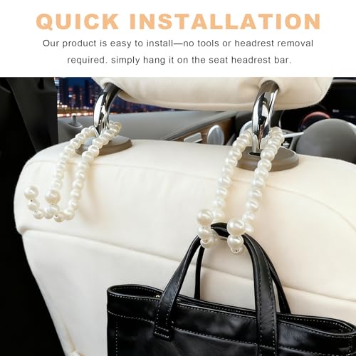2 PCS Elegant Pearl Car Seat Headrest Hook, Cute Pearl Car Seat Back Hook Storage Organizer, Exquisite Headrest Hanger Purse Holder Interior Decoration for Women Girls